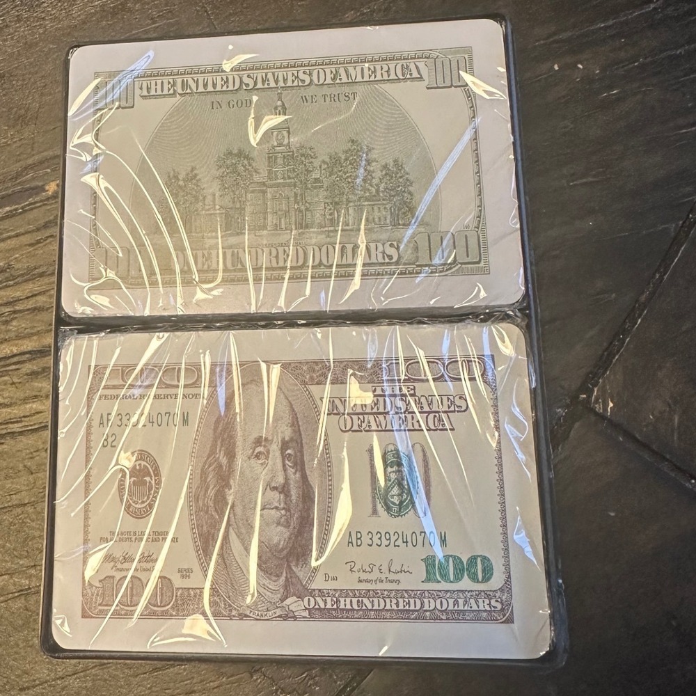 Royal 100% Plastic Playing Cards 2 Deck Set 100 Dollar Bill Currency Design New